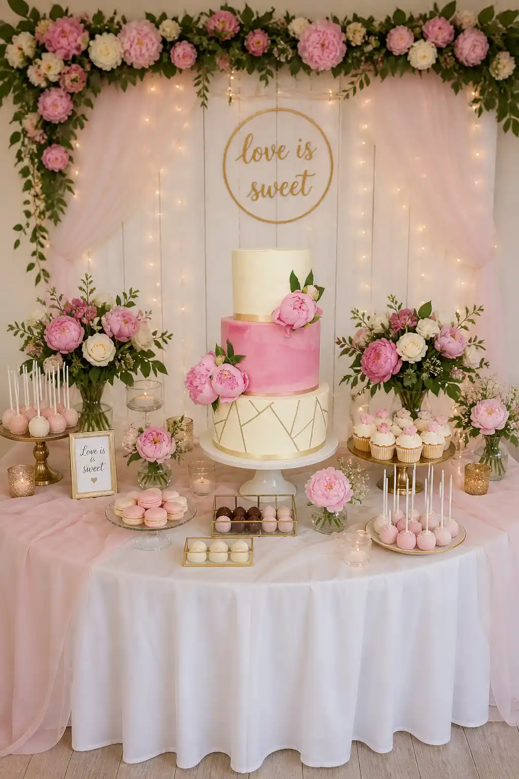 Künstlerisch dekorierte Torte auf üppig dekoriertem Tisch mit Blumen