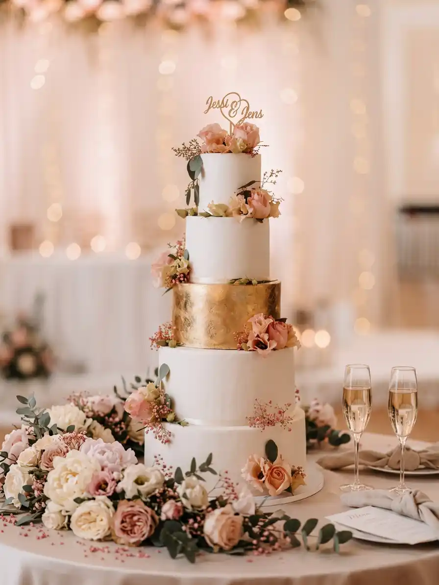 Hochzeitstorte mit Blattgold und elegantem Blumenschmuck