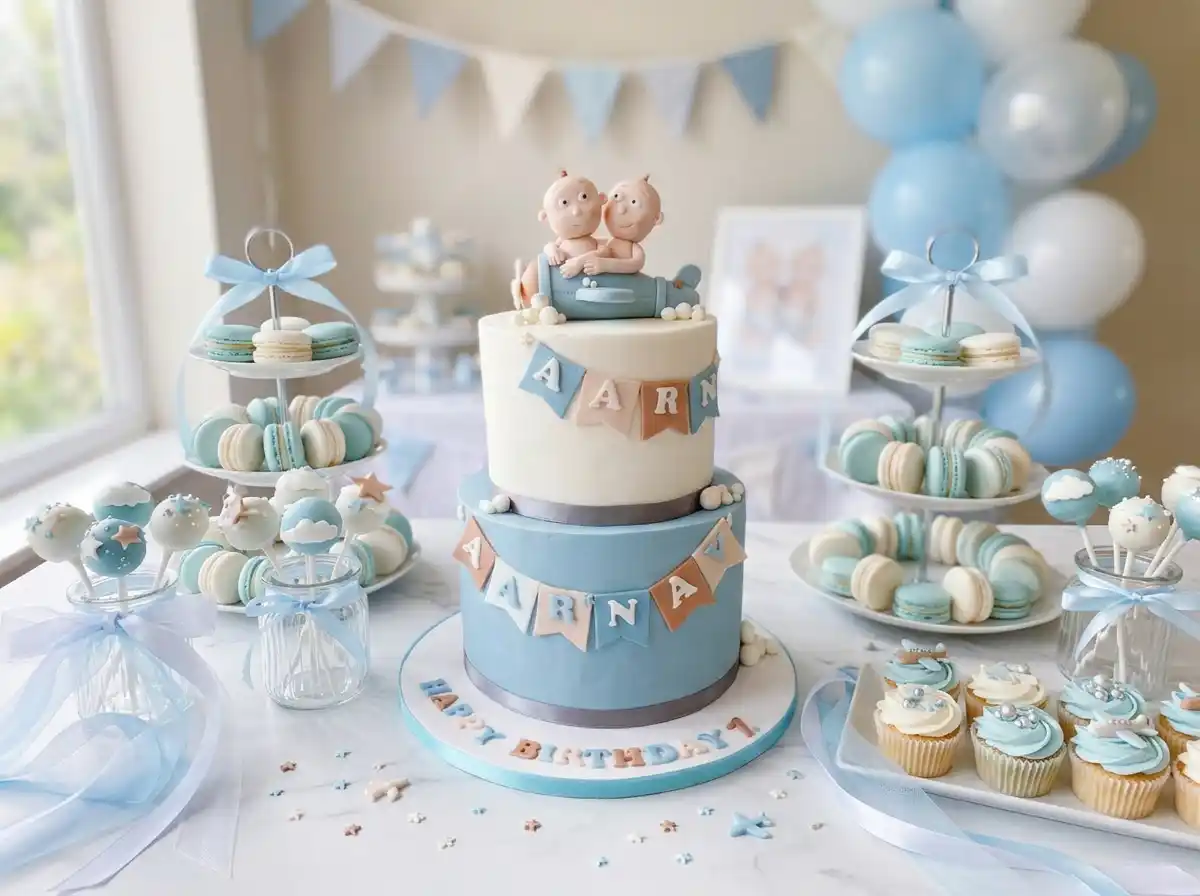 Babytorte für Zwillinge auf dekoriertem Tisch mit Cakepops in Hellblau und Weiß