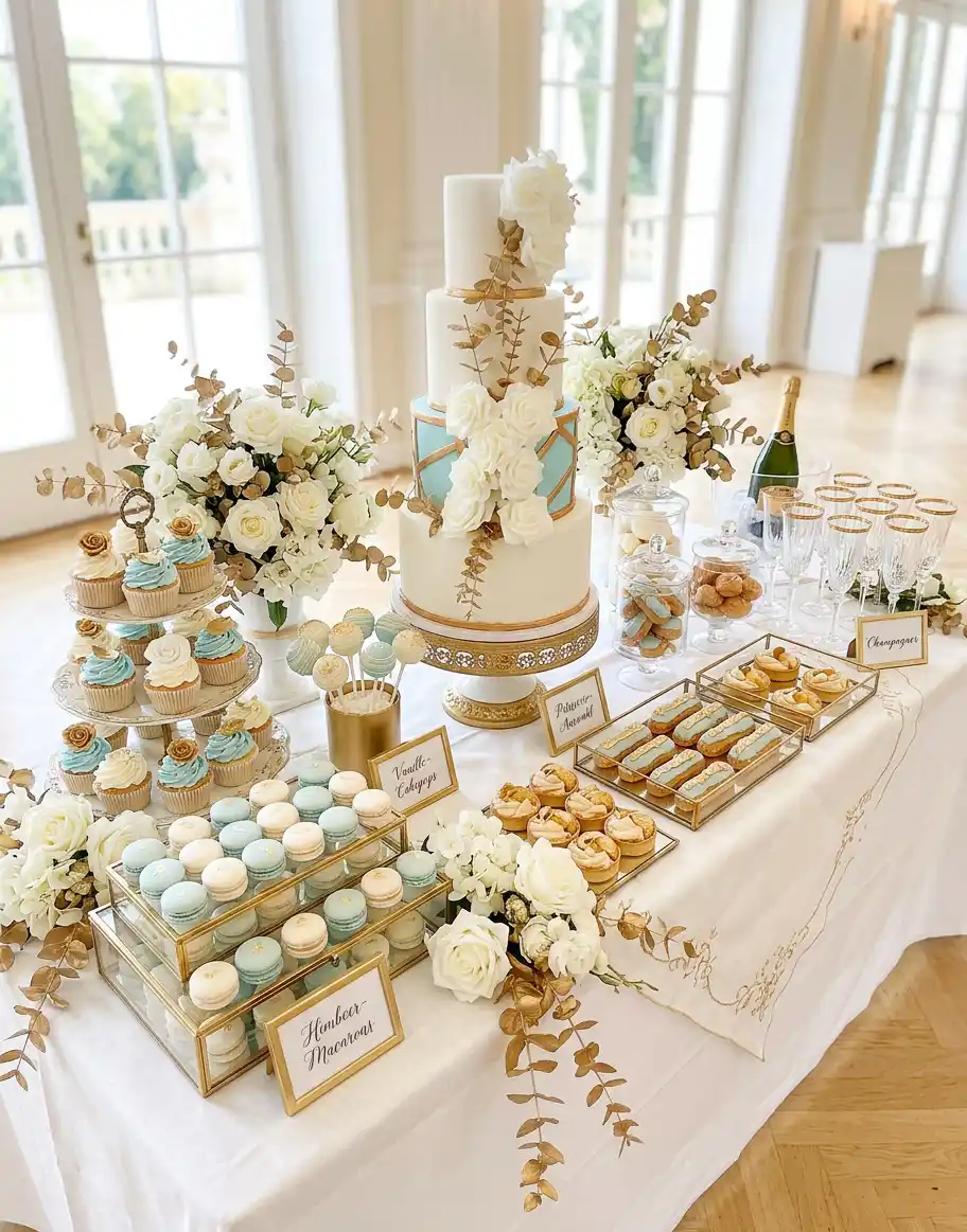 Hochzeitstorte auf Sweet Table mit Macarons, Cupcakes, Cakepops und Petit Four